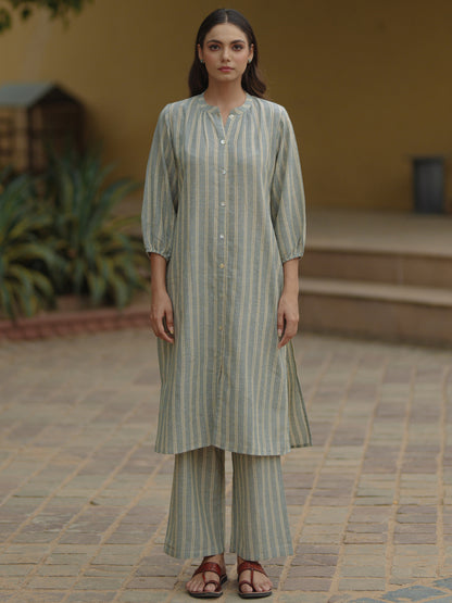 Womens's Grey Cotton Button Up Kurta with Trousers