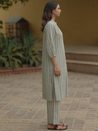 Womens's Grey Cotton Button Up Kurta with Trousers
