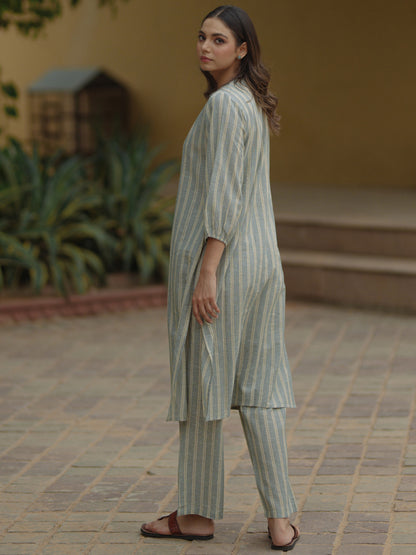 Womens's Grey Cotton Button Up Kurta with Trousers