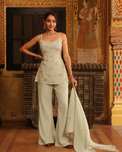 Women's Baby Blue Embroidered Farshi Set with Dupatta