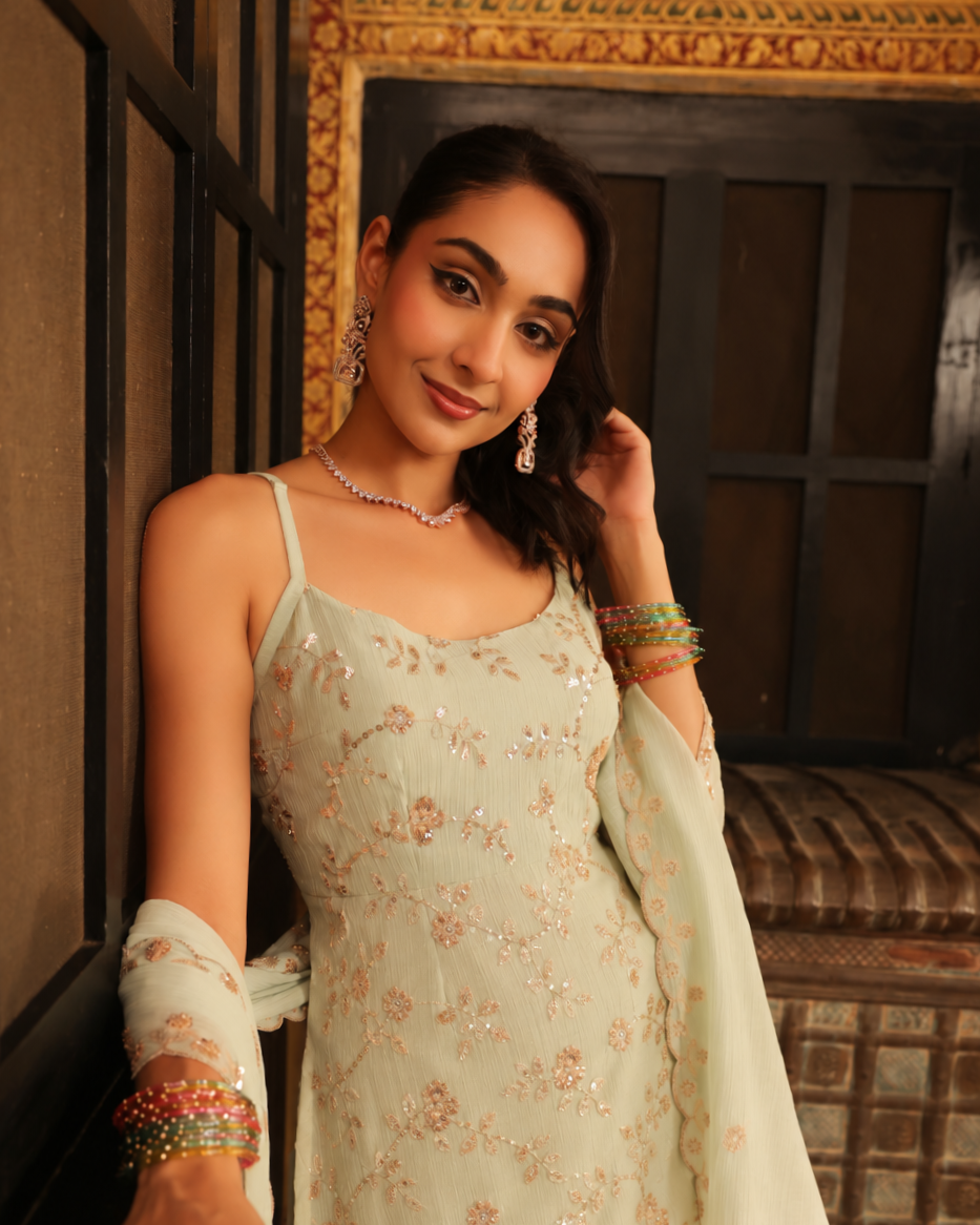 Women's Baby Blue Embroidered Farshi Set with Dupatta