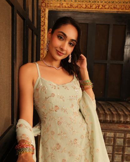 Women's Baby Blue Embroidered Farshi Set with Dupatta