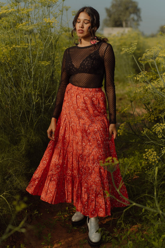Women Orange & Off-White Floral Print Flared Tiered Skirt