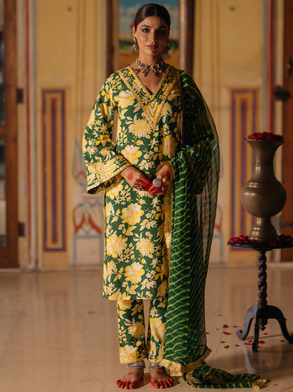 Women's Floral Kurta Set with Leheriya Dupatta