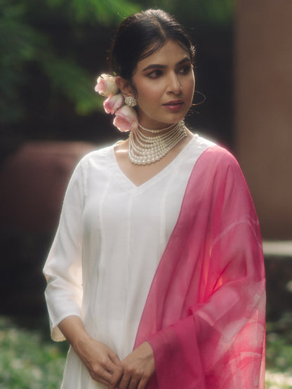 Women's White Silk Kurta Set with Organza Dupatta