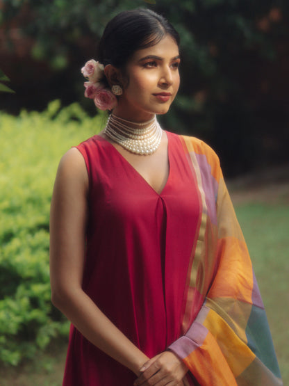 Women's Dark Pink Remi Silk Kurta Set with Organza Dupatta