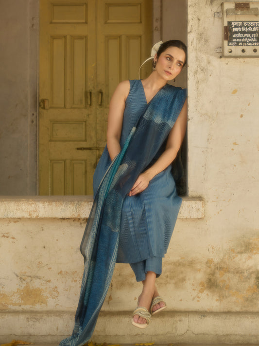 Women's Kantha A line Kurta Set with Dupatta