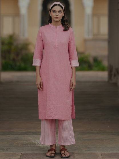 Women's Pink Cotton Mandarin Collar Kurta with Trousers