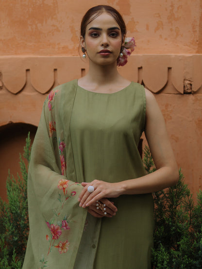 Women's Green Remi Silk Kurta Set with Organza Dupatta