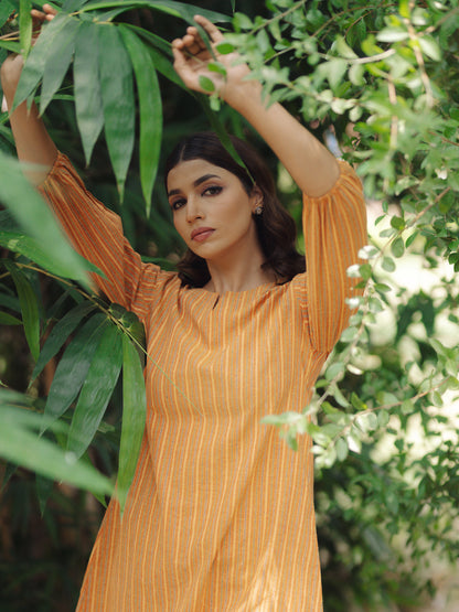 Women's Mustard Cotton Short Kurta with Trousers