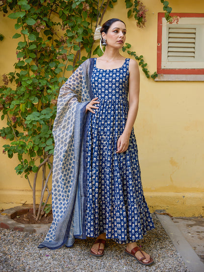 Women's Cotton Sleeveless Anarkali Set with Dupatta