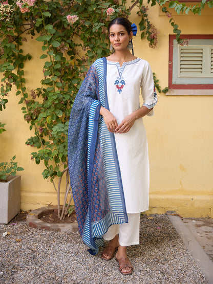Women's Embroidered Straight Kurta Set with Dupatta