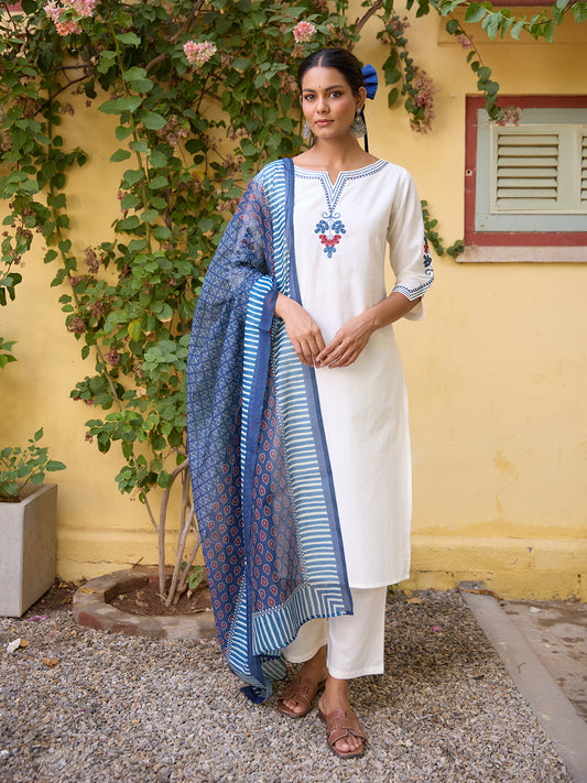 Women's Embroidered Straight Kurta Set with Dupatta