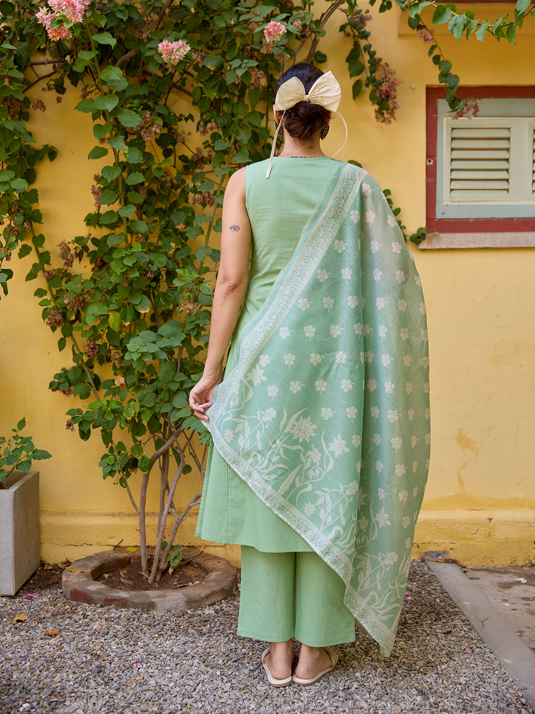 Women's Cotton Sleeveless Embroidered Kurta Set with Dupatta