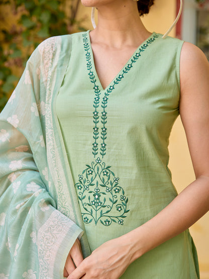Women's Cotton Sleeveless Embroidered Kurta Set with Dupatta