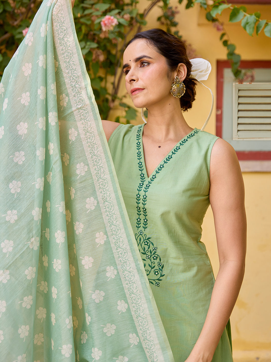 Women's Cotton Sleeveless Embroidered Kurta Set with Dupatta