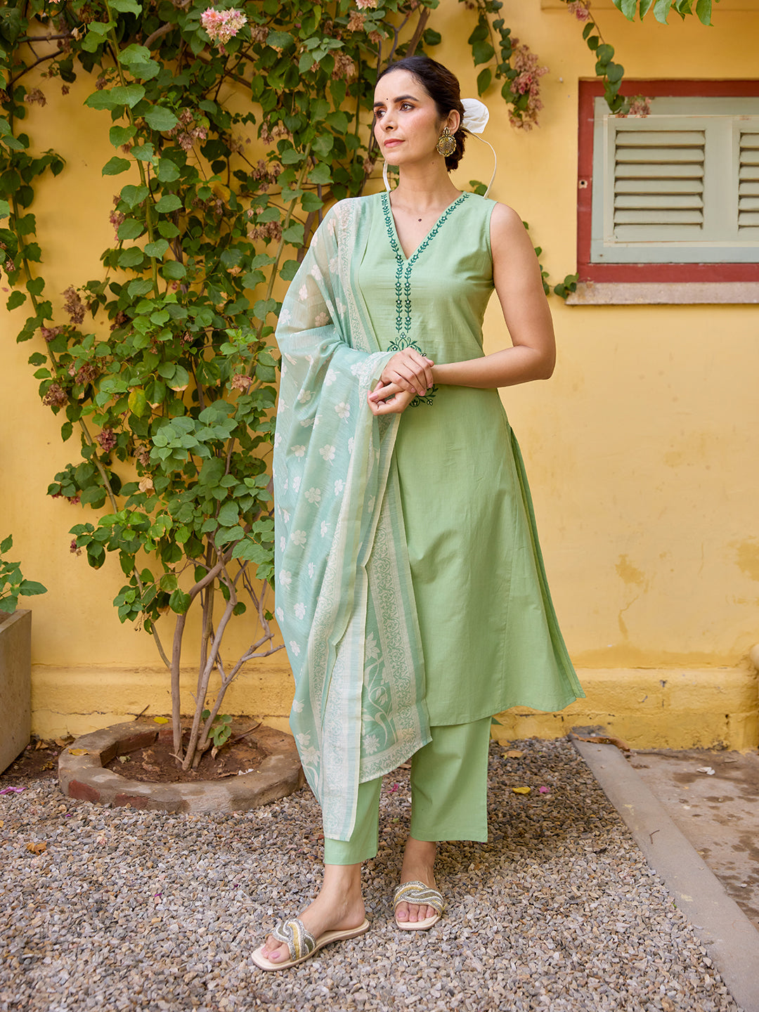 Women's Cotton Sleeveless Embroidered Kurta Set with Dupatta