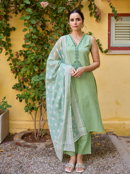 Women's Cotton Sleeveless Embroidered Kurta Set with Dupatta