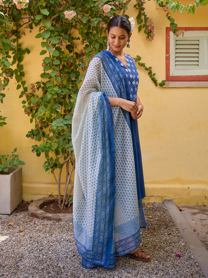 Women's Cotton Embroidered Sleeveless Kurta Set with Dupatta