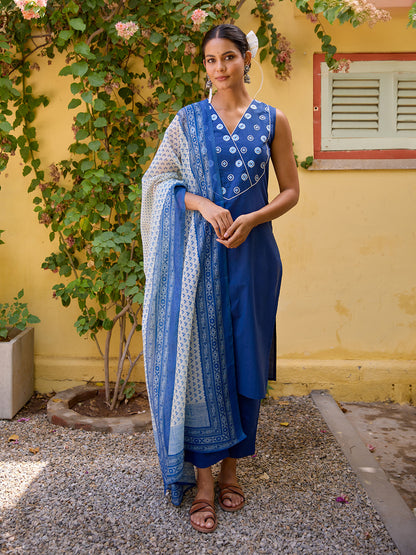 Women's Cotton Embroidered Sleeveless Kurta Set with Dupatta