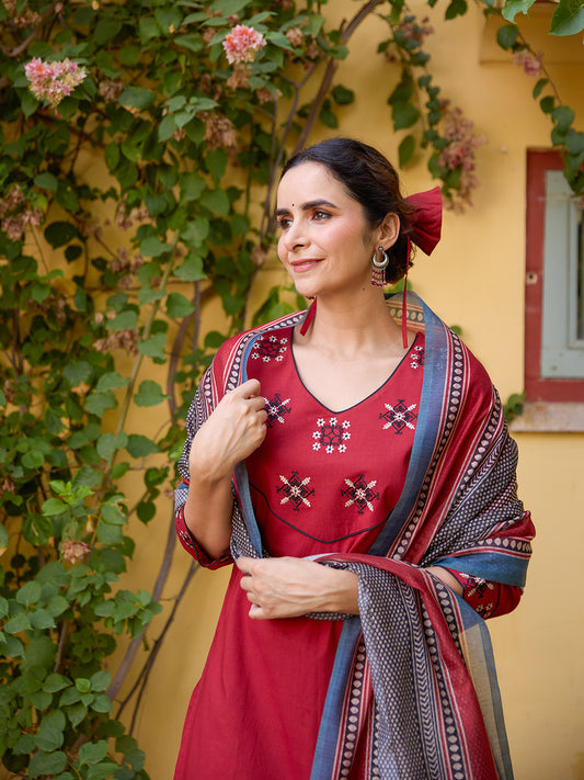 Women's Cotton Embroidered Kurta Set with Dupatta