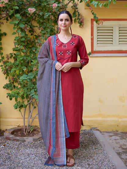 Women's Cotton Embroidered Kurta Set with Dupatta