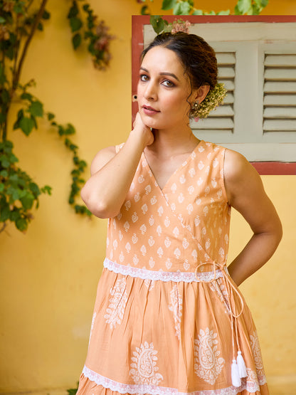 Women's Cotton Angrakha Tiered Kurta Set