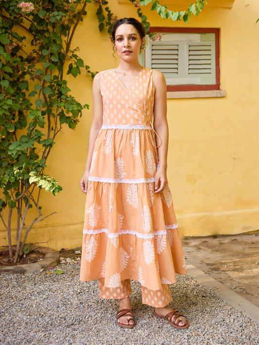 Women's Cotton Angrakha Tiered Kurta Set