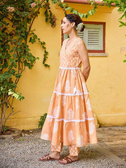 Women's Cotton Angrakha Tiered Kurta Set