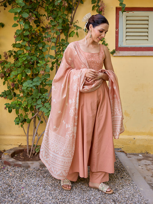 Women's Embroidered Sleeveless Anarkali Set with Dupatta