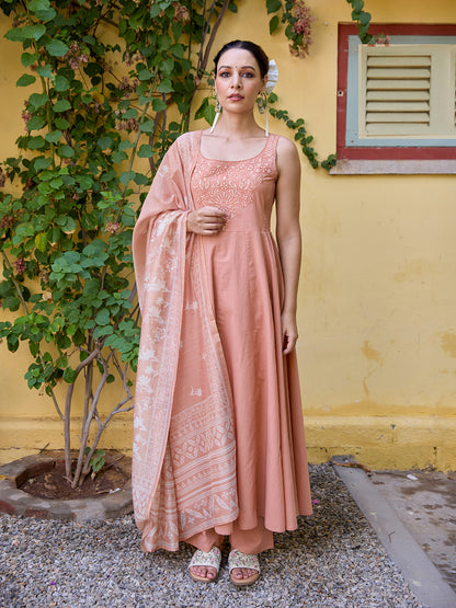 Women's Embroidered Sleeveless Anarkali Set with Dupatta