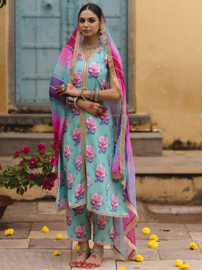 Women's Floral A line Kurta Set with Multi Coloured Dupatta