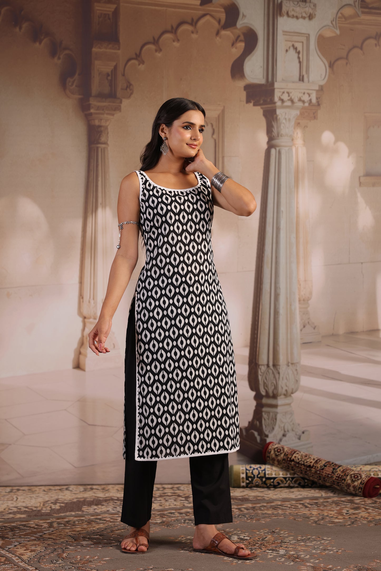 Women's Black and White Corset Kurta Set