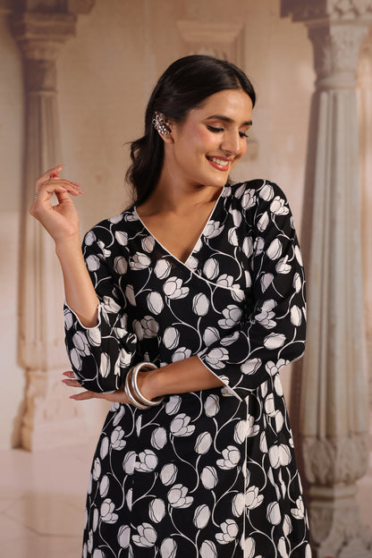Women's Black and White Angrakha Kurta Set