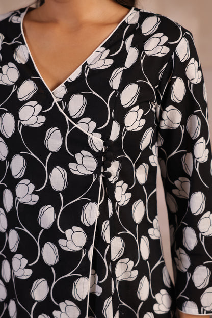 Women's Black and White Angrakha Kurta Set