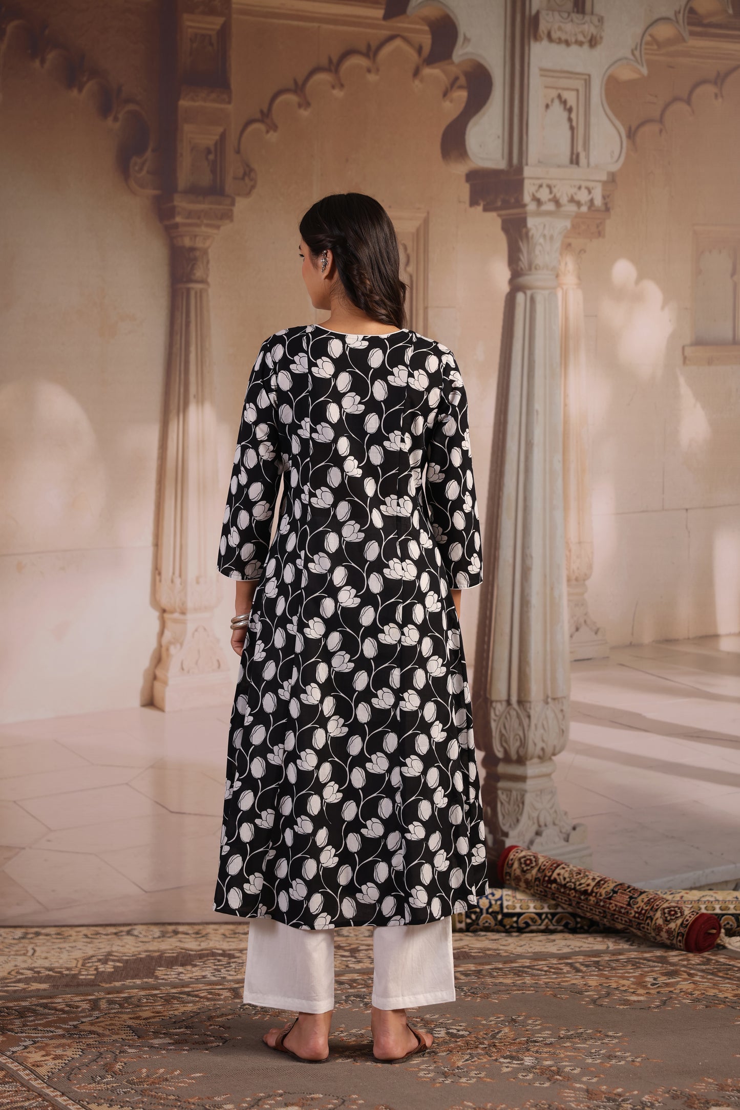 Women's Black and White Angrakha Kurta Set