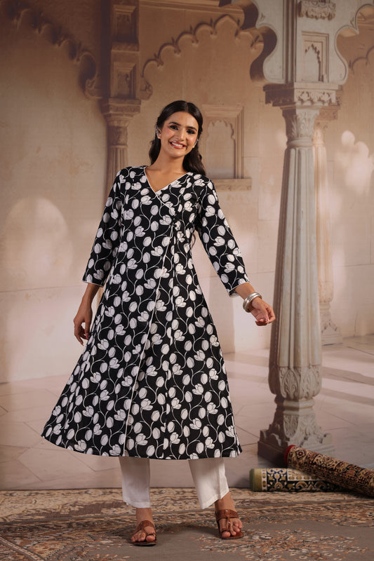 Women's Black and White Angrakha Kurta Set
