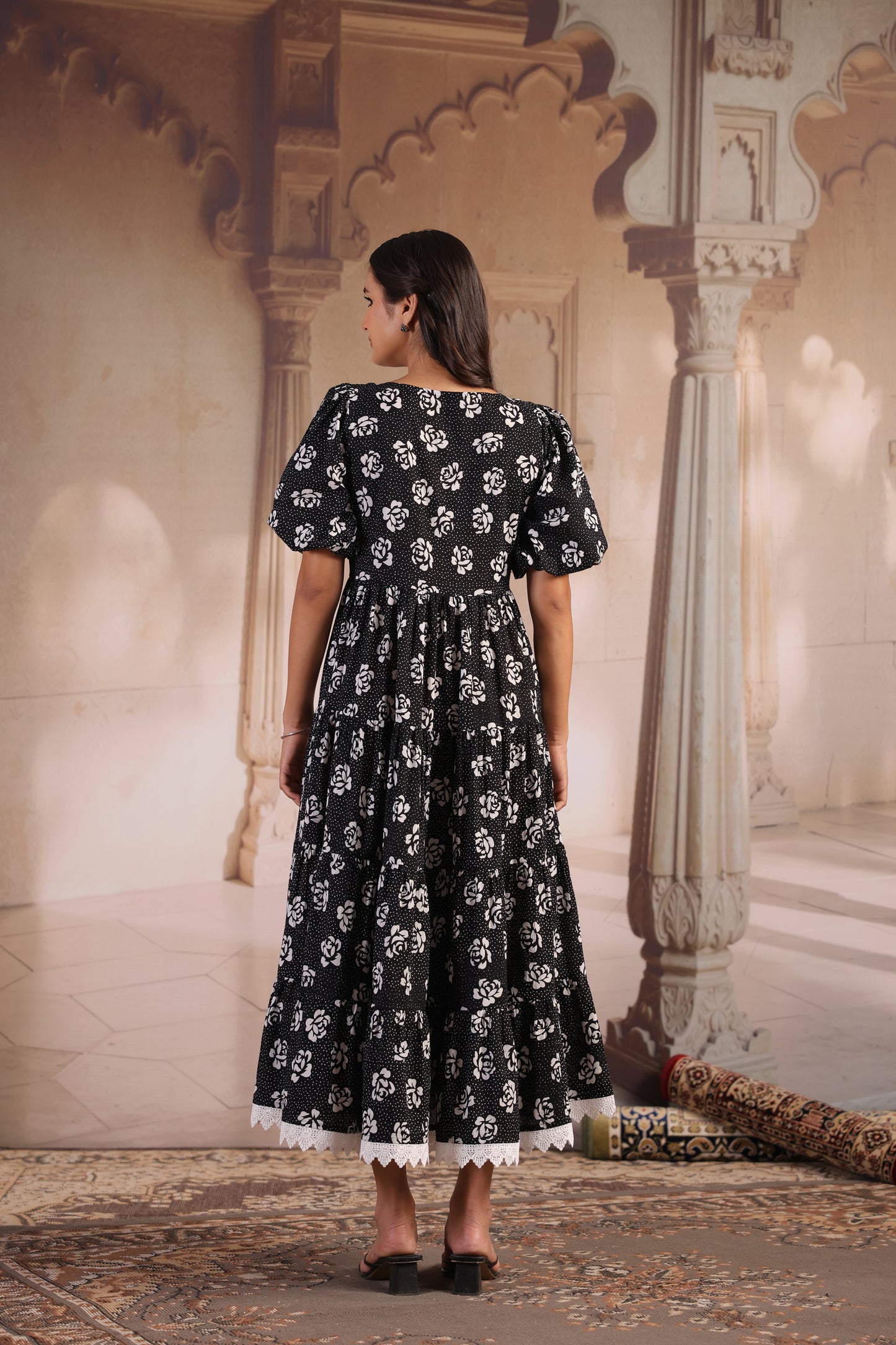Women's Black and White Cotton Flared Dress