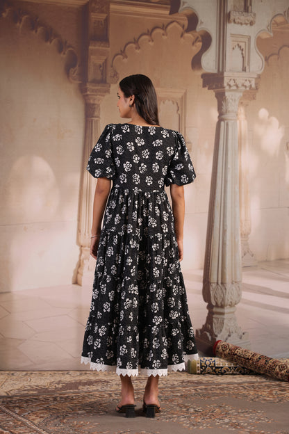 Women's Black and White Cotton Flared Dress
