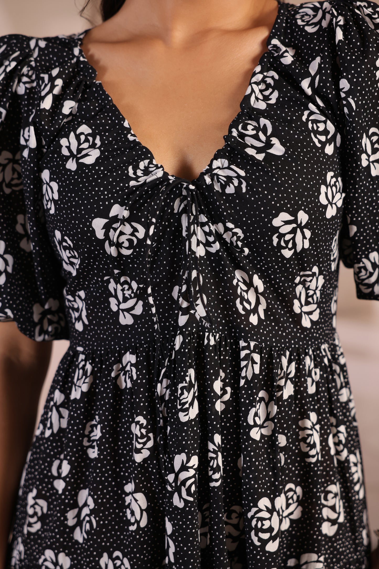 Women's Black and White Cotton Flared Dress