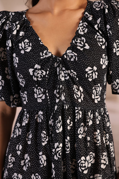 Women's Black and White Cotton Flared Dress
