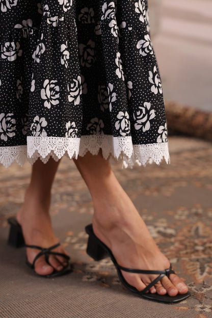 Women's Black and White Cotton Flared Dress