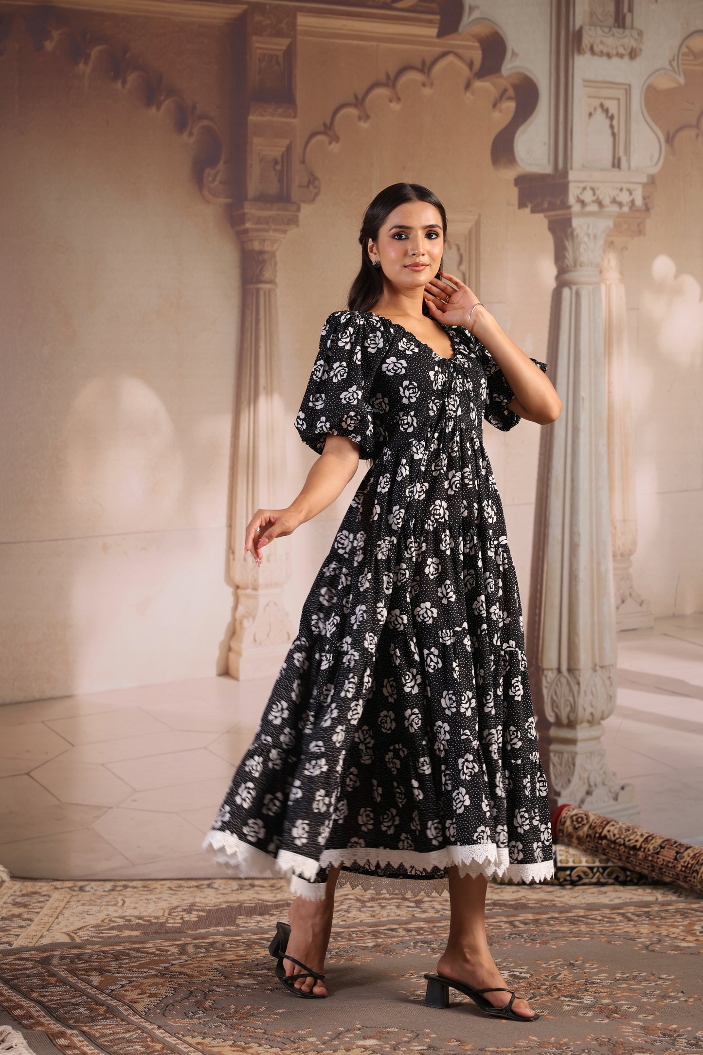 Women's Black and White Cotton Flared Dress
