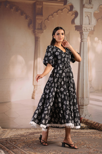 Women's Black and White Cotton Flared Dress
