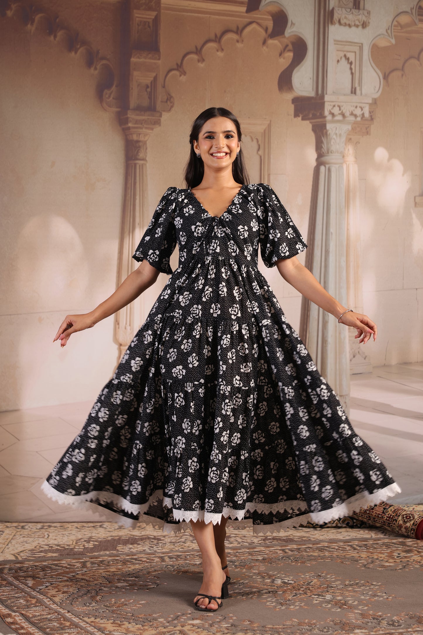 Women's Black and White Cotton Flared Dress