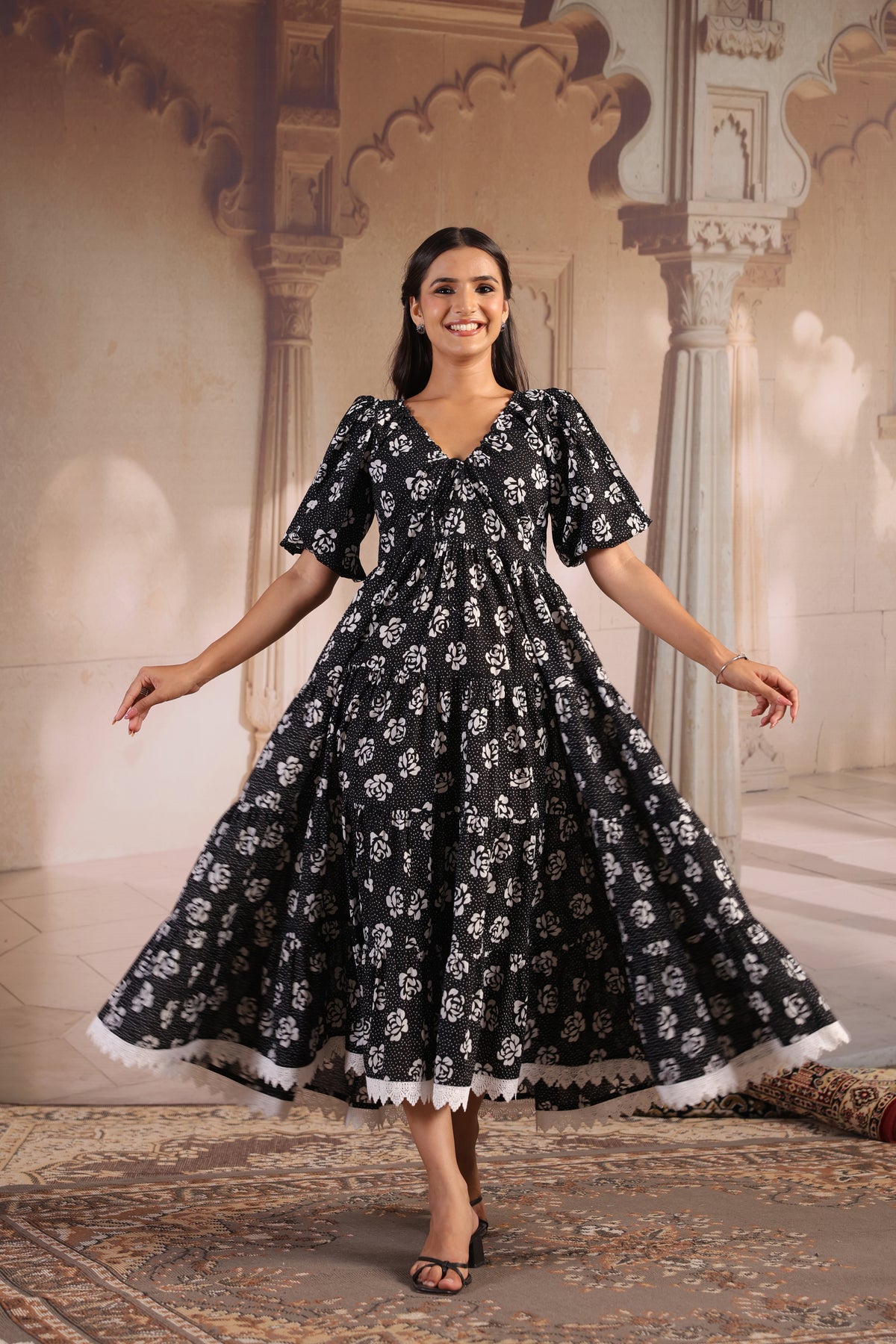 Women's Black and White Cotton Flared Dress