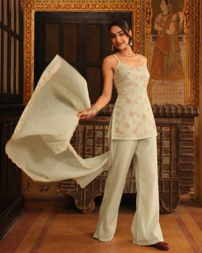 Women's Baby Blue Embroidered Farshi Set with Dupatta
