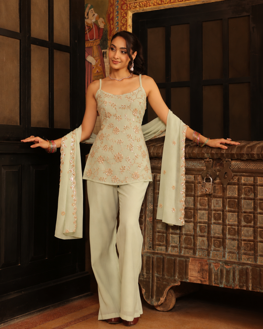 Women's Baby Blue Embroidered Farshi Set with Dupatta