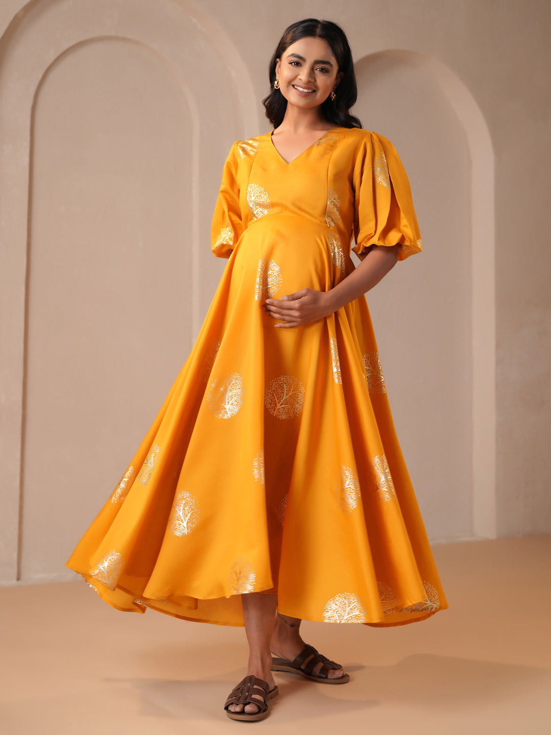 Women's Yellow Silk Maternity Dress