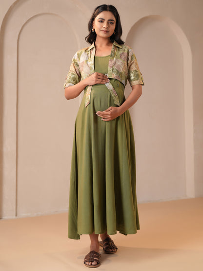 Women's Green Cotton Maternity Dress